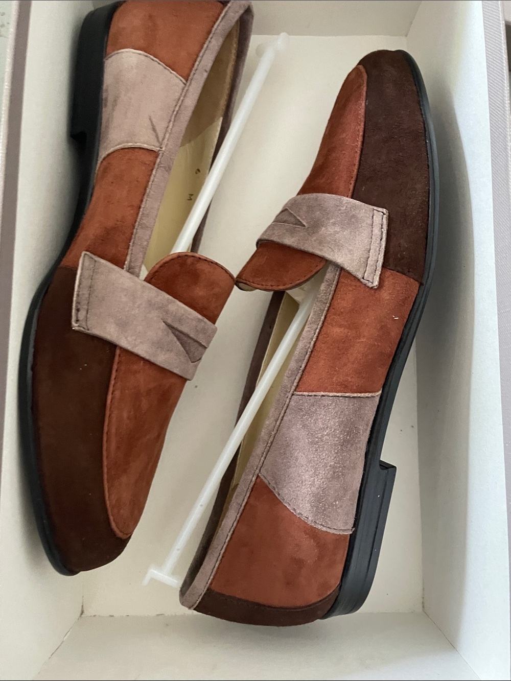 Amalfi Patchwork Suede Penny Loafers in Brown, Taupe and Rust